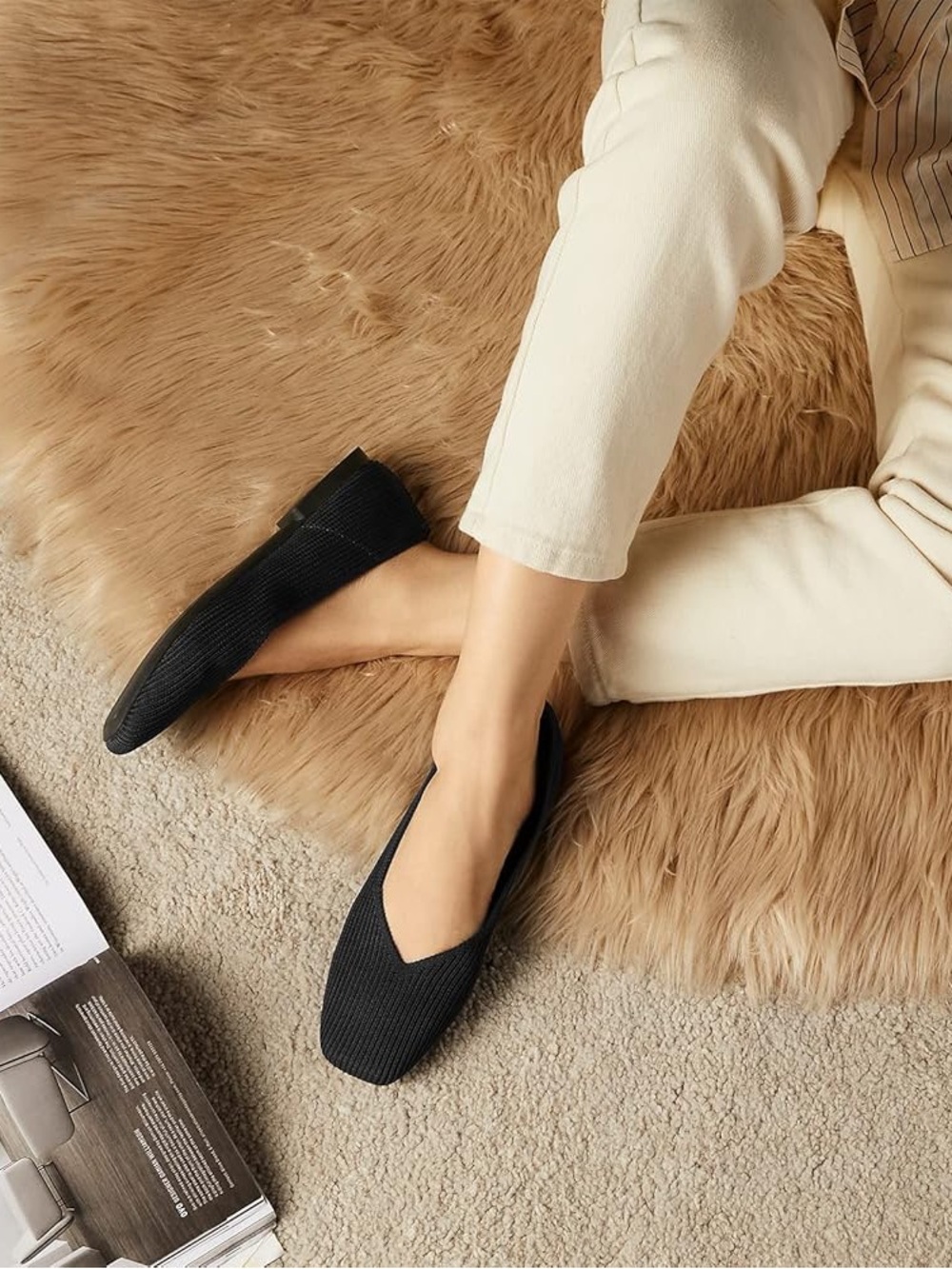 Arromic Ballet Knit Flats Black Square Toe 9 BOX
